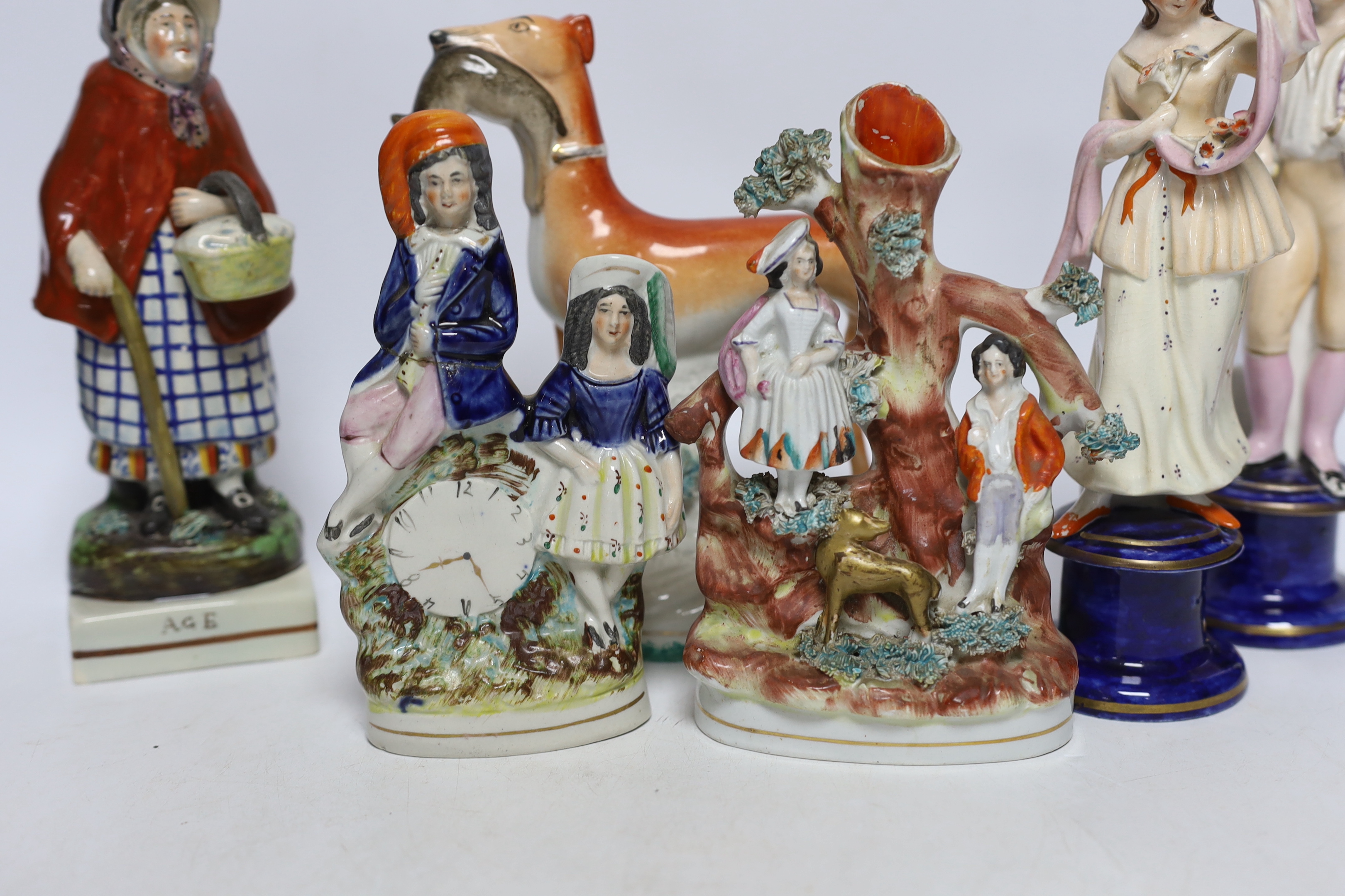Seven mid 19th century Staffordshire pottery figures, tallest 22cm